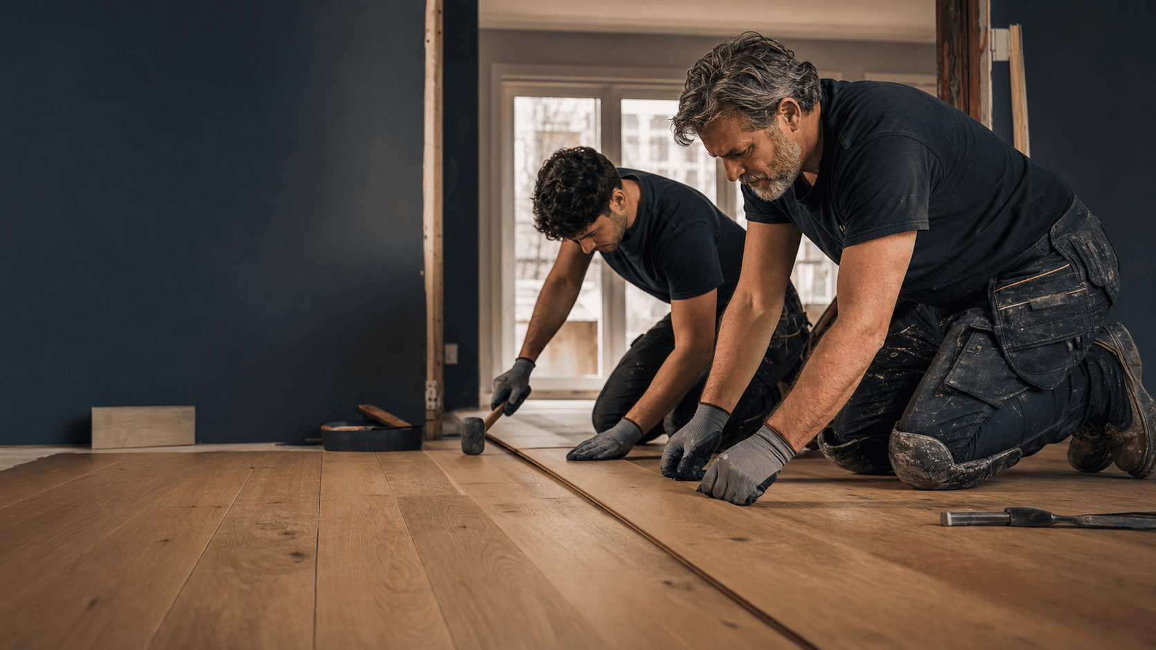 Father and son flooring installers precision-fitting hardwood